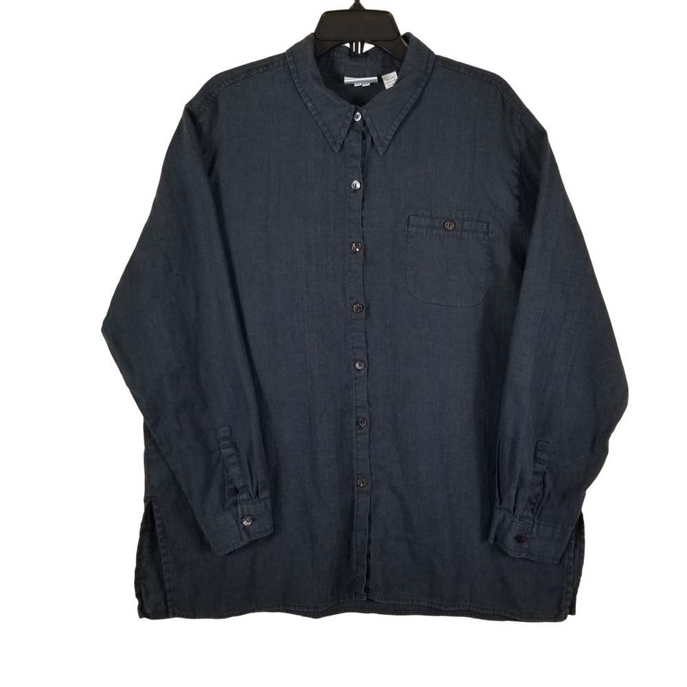 Chico's Design Button Down Shirt Women Size 3 Navy Blue 100% Linen Long Sleeve